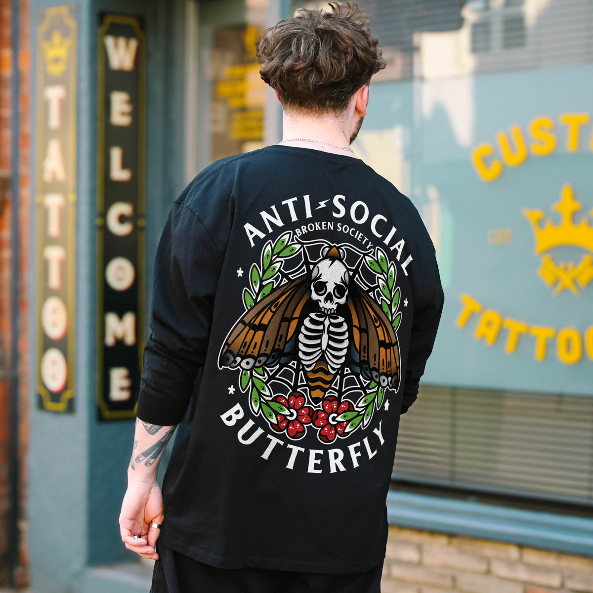 Anti-Social Butterfly Long Sleeve T-Shirt (Unisex)-Tattoo Clothing, Tattoo Long Sleeve T-Shirt, EP185L-Broken Society