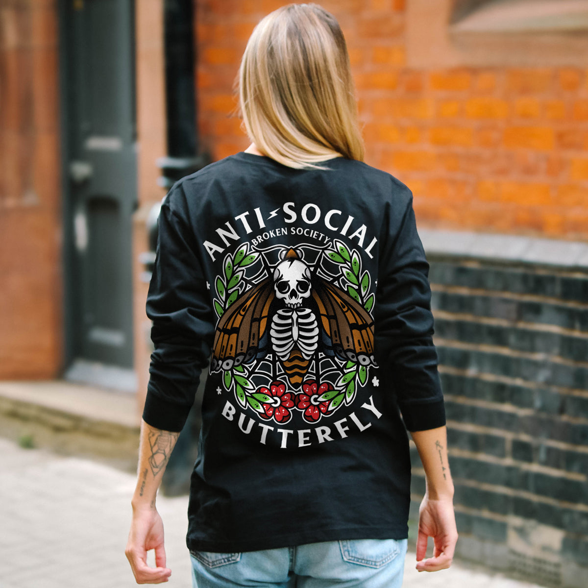 Anti-Social Butterfly Long Sleeve T-Shirt (Unisex)-Tattoo Clothing, Tattoo Long Sleeve T-Shirt, EP185L-Broken Society