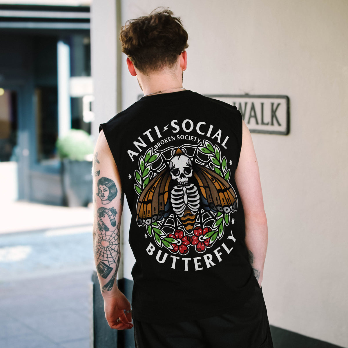 Anti-Social Butterfly Sleeveless T-Shirt (Unisex)-Tattoo Clothing, Tattoo Sleeveless T-Shirt, EP01S-Broken Society