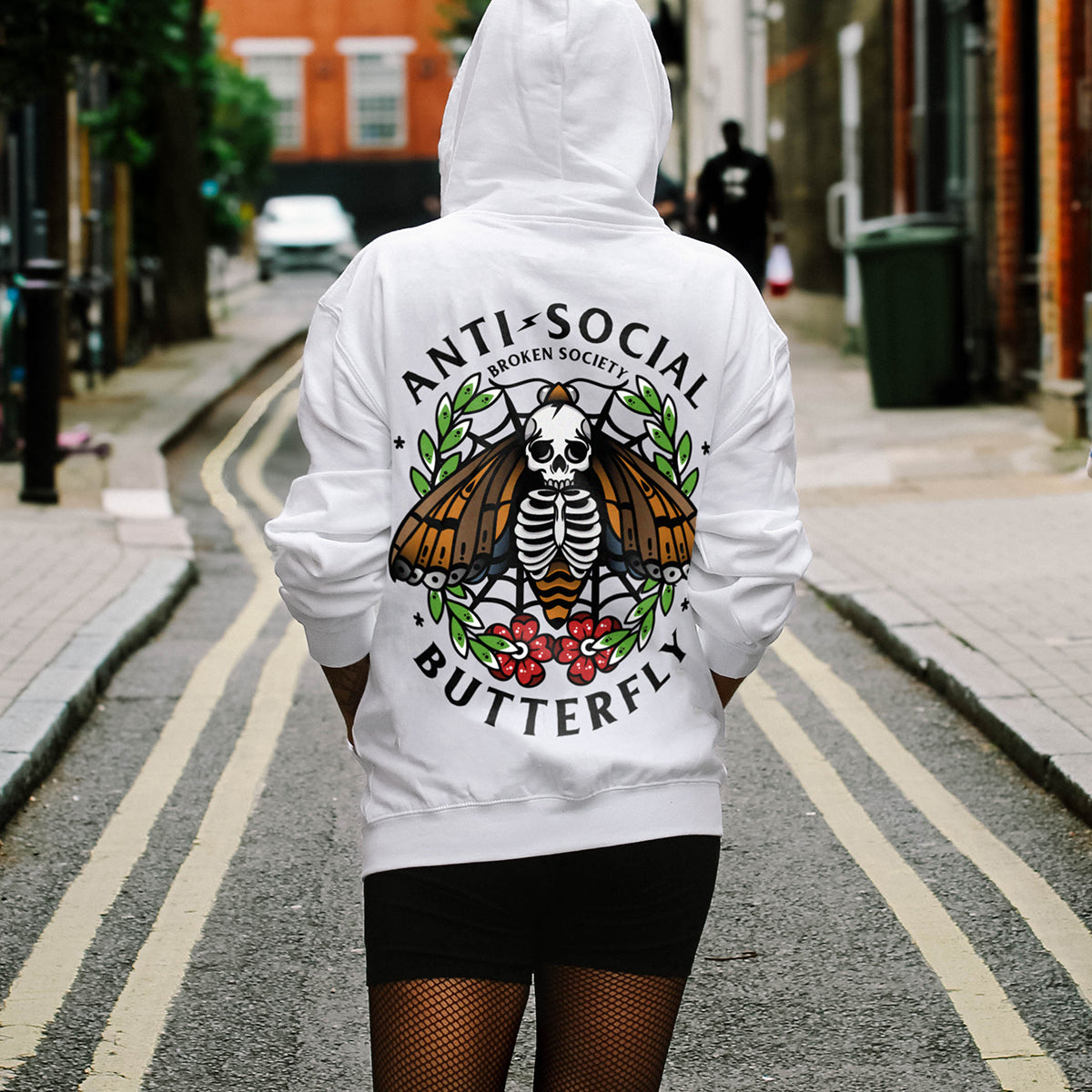 Anti-Social Butterfly Zip-Up Hoodie (Unisex)-Tattoo Clothing, Tattoo Zip-Up Hoodie, JH050-Broken Society