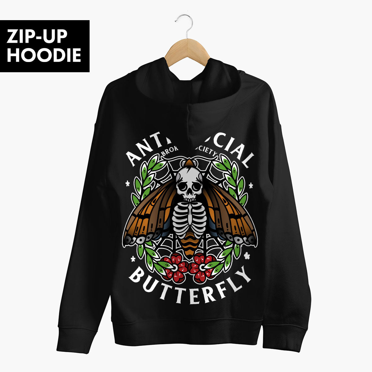 Anti-Social Butterfly Zip-Up Hoodie (Unisex)-Tattoo Clothing, Tattoo Zip-Up Hoodie, JH050-Broken Society