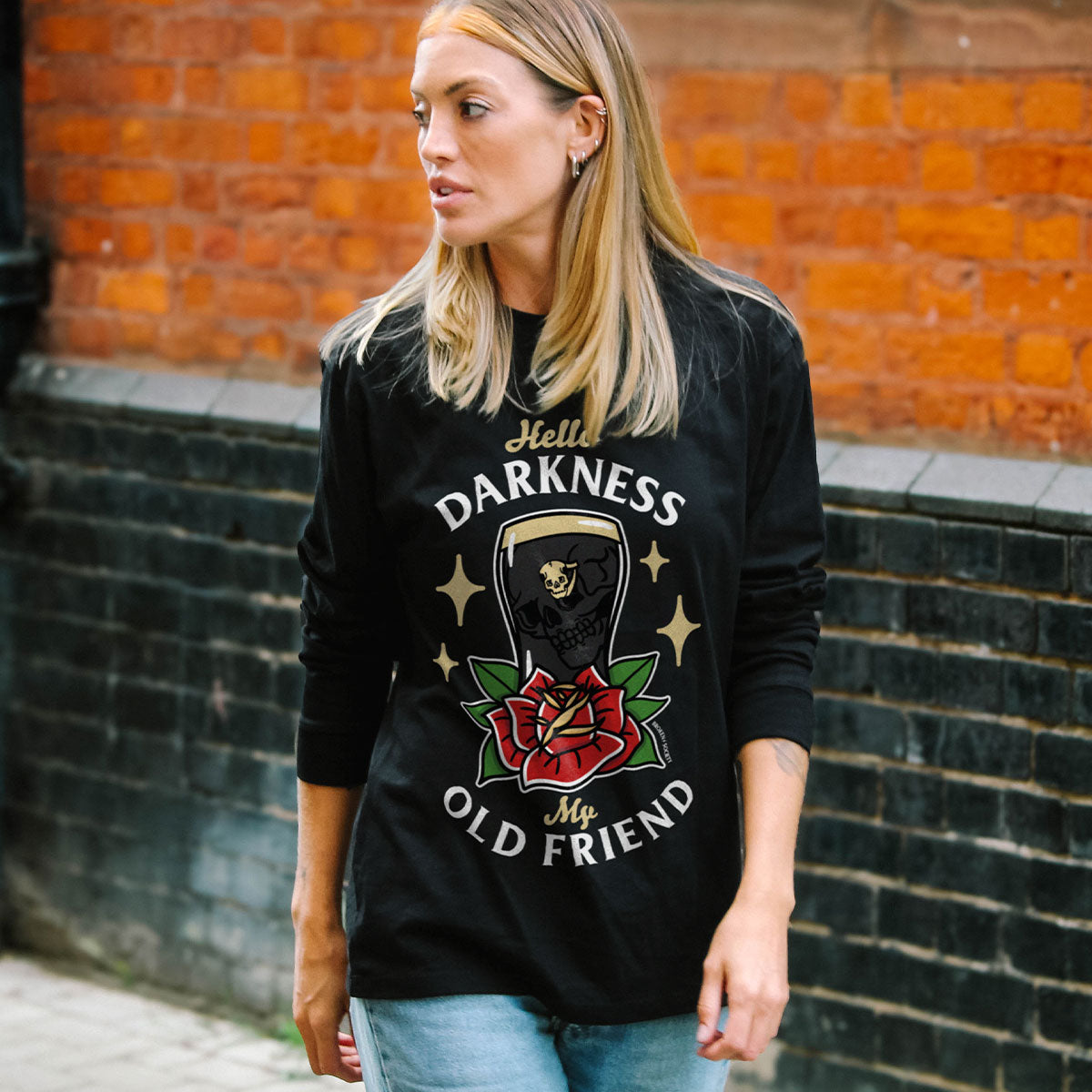 Hello Darkness Front Print Long Sleeve T-Shirt (Unisex)-Tattoo Clothing, Tattoo Long Sleeve T-Shirt, EP185L-Broken Society