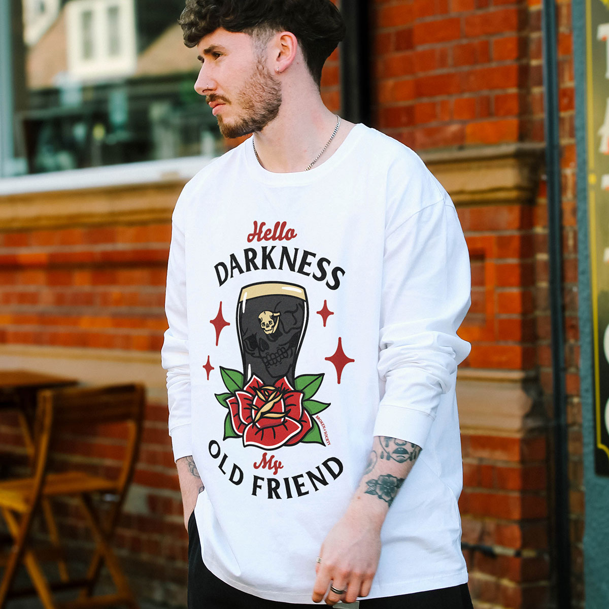 Hello Darkness Front Print Long Sleeve T-Shirt (Unisex)-Tattoo Clothing, Tattoo Long Sleeve T-Shirt, EP185L-Broken Society