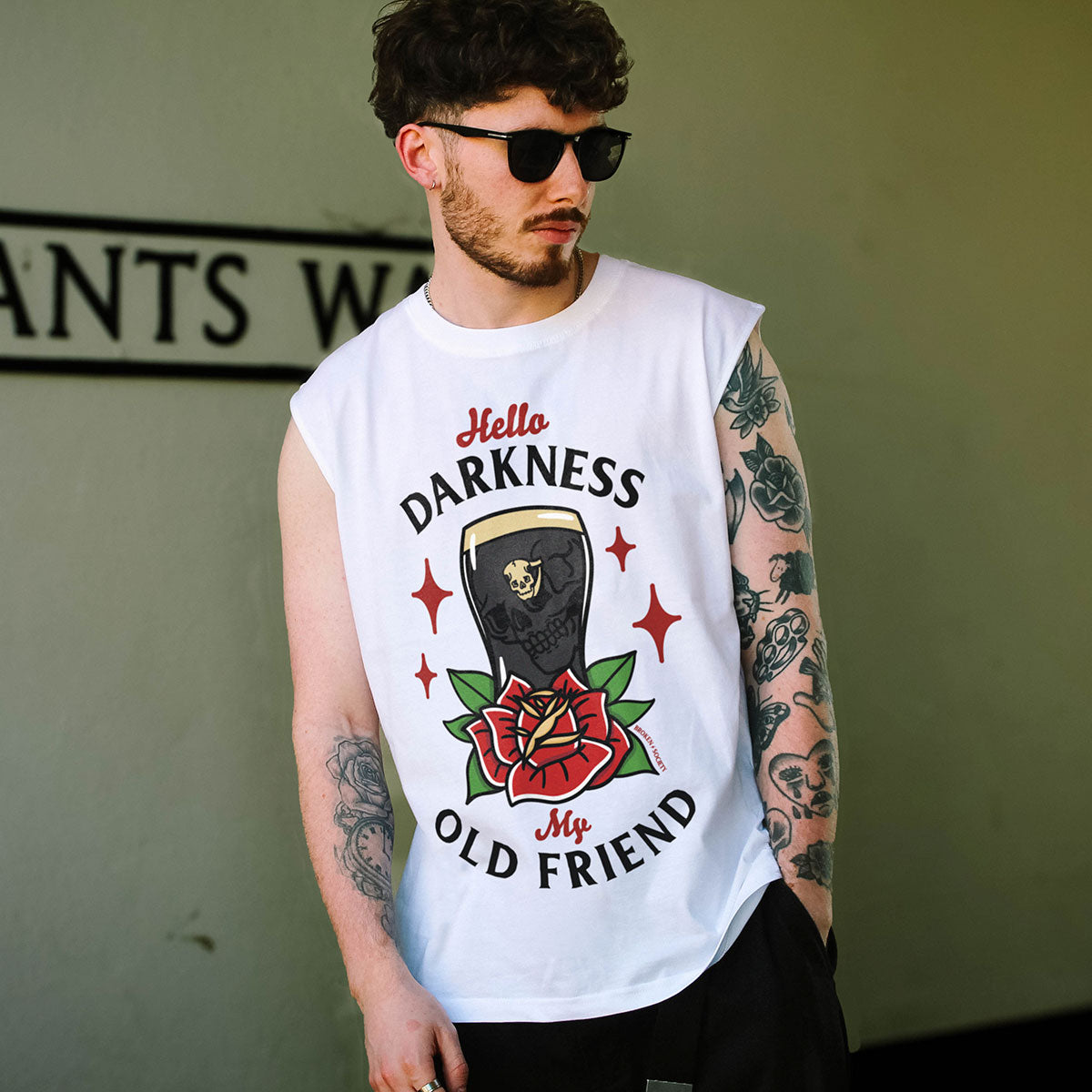 Hello Darkness Front Print Sleeveless T-Shirt (Unisex)-Tattoo Clothing, Tattoo Sleeveless T-Shirt, EP01S-Broken Society