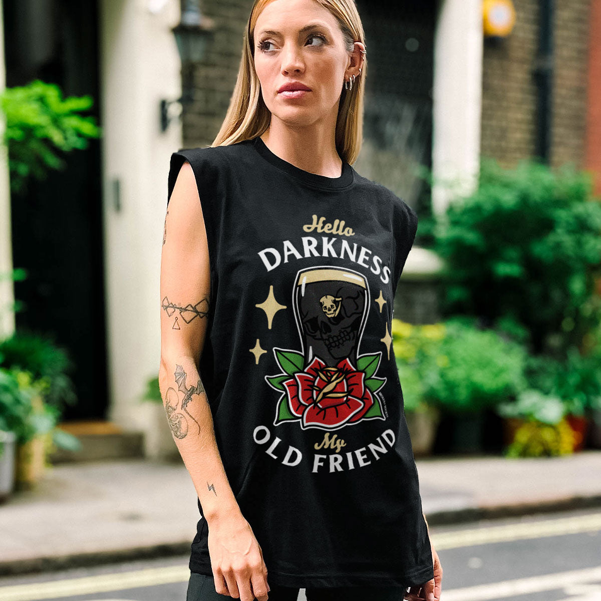 Hello Darkness Front Print Sleeveless T-Shirt (Unisex)-Tattoo Clothing, Tattoo Sleeveless T-Shirt, EP01S-Broken Society