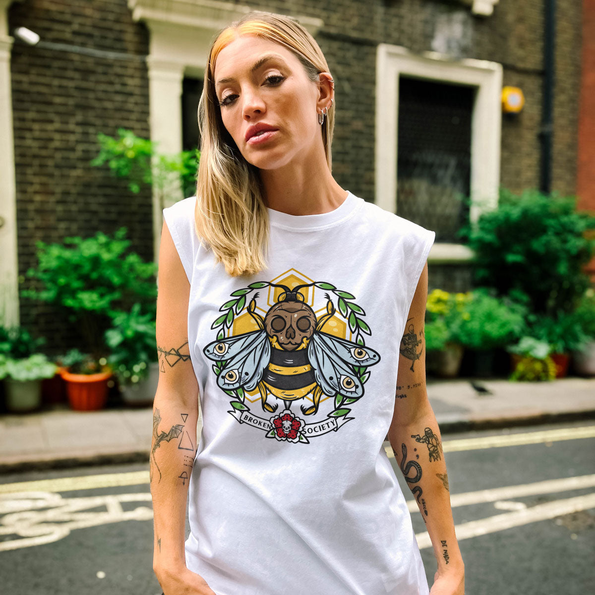Killer Bee Sleeveless T-Shirt (Unisex)-Tattoo Clothing, Tattoo Sleeveless T-Shirt, EP01S-Broken Society