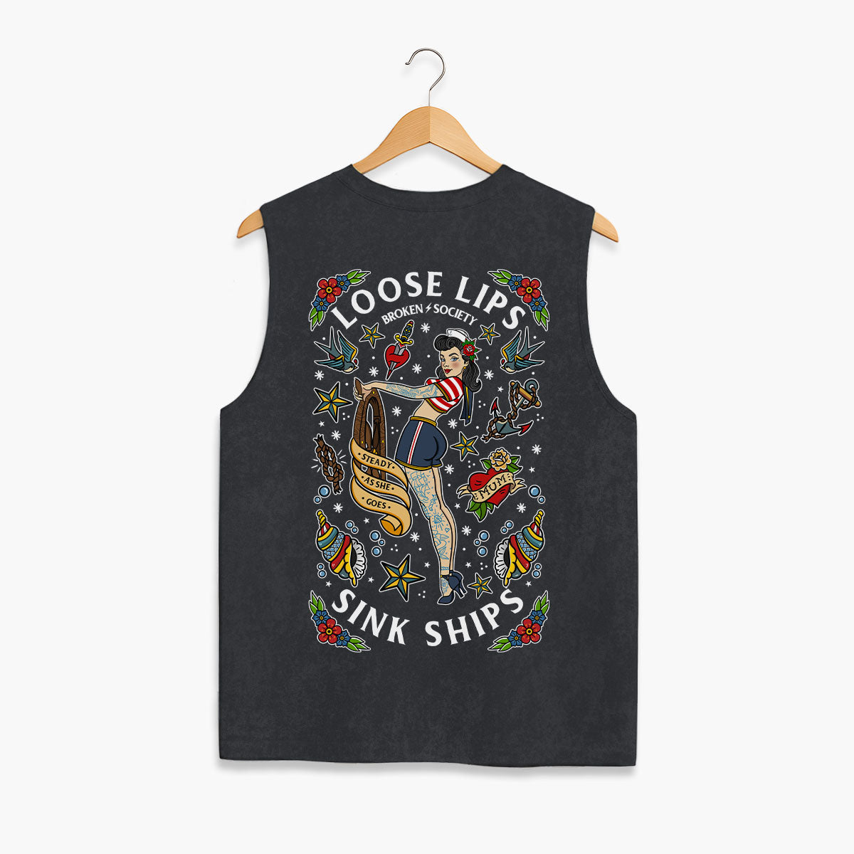 Loose Lips Sink Ships Sleeveless T-Shirt (Unisex)-Tattoo Clothing, Tattoo Sleeveless T-Shirt, EP01S-Broken Society