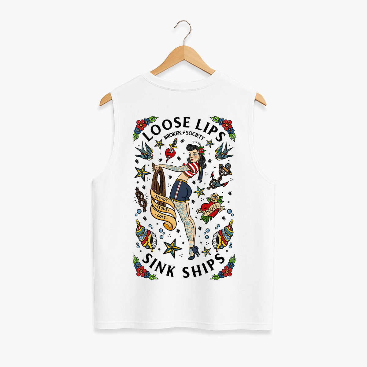 Loose Lips Sink Ships Sleeveless T-Shirt (Unisex)-Tattoo Clothing, Tattoo Sleeveless T-Shirt, EP01S-Broken Society