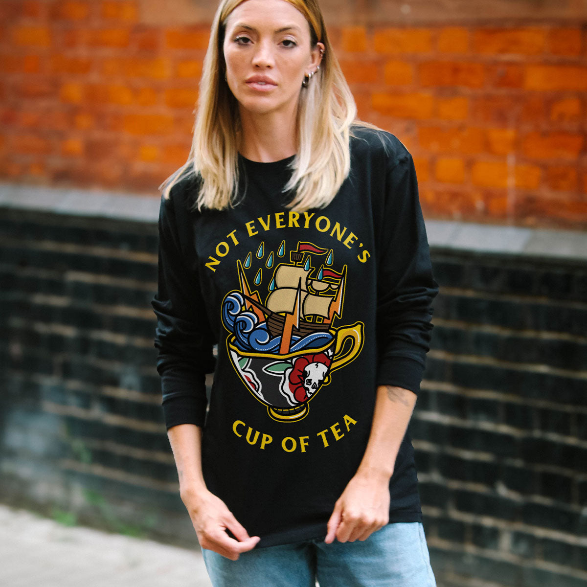Not Everyone's Cup Of Tea Front Print Long Sleeve T-Shirt (Unisex)-Tattoo Clothing, Tattoo Long Sleeve T-Shirt, EP185L-Broken Society
