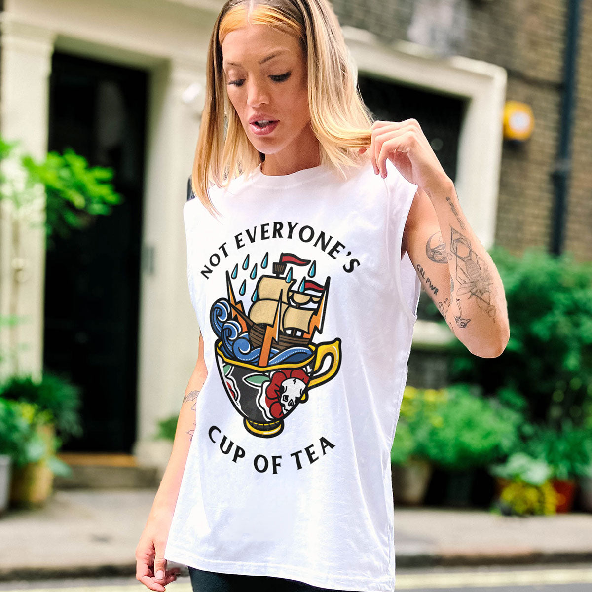 Not Everyone's Cup Of Tea Front Print Sleeveless T-Shirt (Unisex)-Tattoo Clothing, Tattoo Sleeveless T-Shirt, EP01S-Broken Society