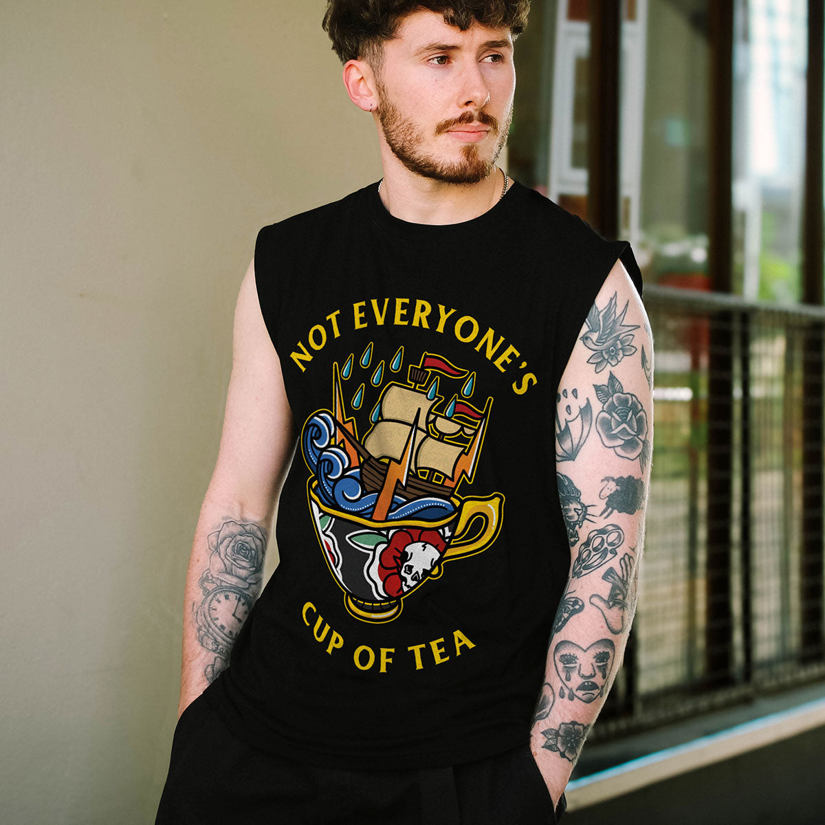 Not Everyone's Cup Of Tea Front Print Sleeveless T-Shirt (Unisex)-Tattoo Clothing, Tattoo Sleeveless T-Shirt, EP01S-Broken Society