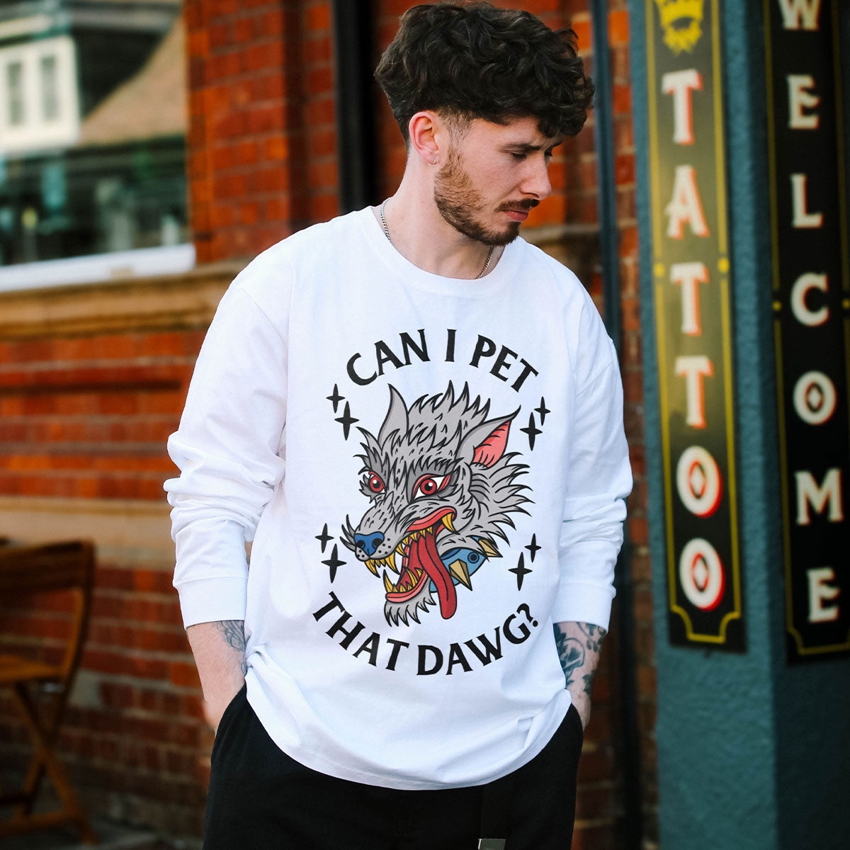 Pet That Dawg Front Print Long Sleeve T-Shirt (Unisex)-Tattoo Clothing, Tattoo Long Sleeve T-Shirt, EP185L-Broken Society