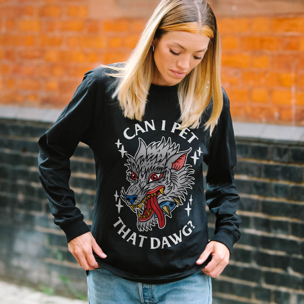 Pet That Dawg Front Print Long Sleeve T-Shirt (Unisex)-Tattoo Clothing, Tattoo Long Sleeve T-Shirt, EP185L-Broken Society