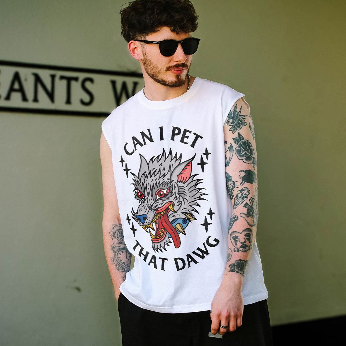 Pet That Dawg Front Print Sleeveless T-Shirt (Unisex)-Tattoo Clothing, Tattoo Sleeveless T-Shirt, EP01S-Broken Society