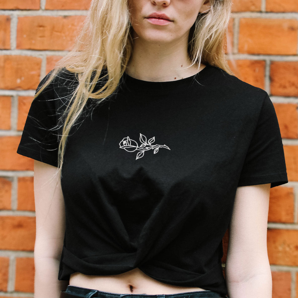 Rose Embroidered Knot Crop T-Shirt-Tattoo Clothing, Tattoo Knot Detail Crop T-Shirt, TR068-Broken Society