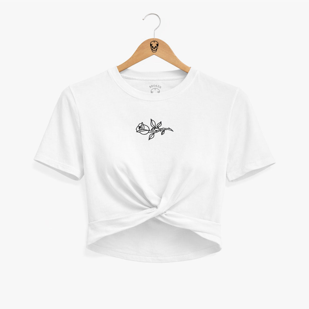 Rose Embroidered Knot Crop T-Shirt-Tattoo Clothing, Tattoo Knot Detail Crop T-Shirt, TR068-Broken Society