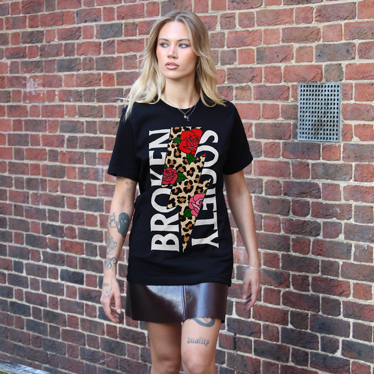Roses And Animal Print Front Print T-Shirt (Unisex)-Tattoo Clothing, Tattoo T-Shirt, EP01-Broken Society