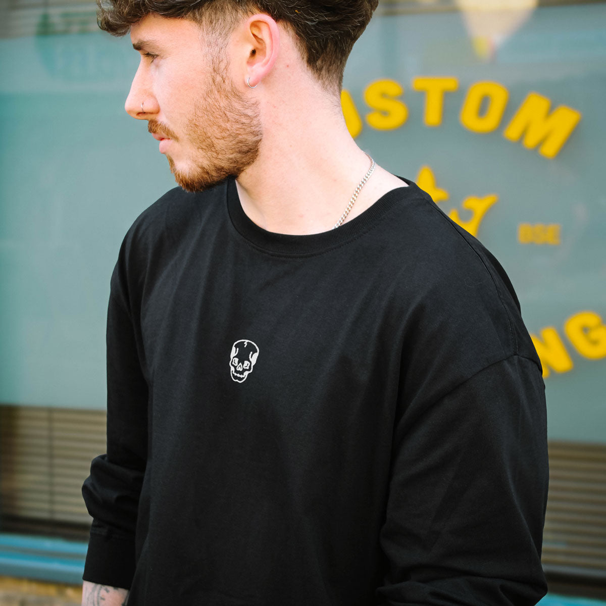 Skull Embroidered Long Sleeve T-Shirt (Unisex)-Tattoo Clothing, Tattoo Long Sleeve T-Shirt, EP185L-Broken Society