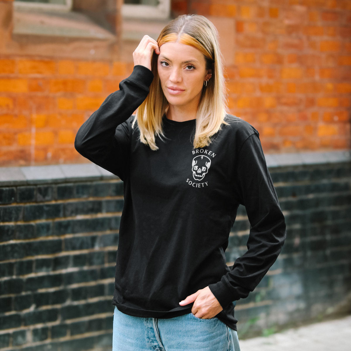 Skull Front Print Long Sleeve T-Shirt (Unisex)-Tattoo Clothing, Tattoo Long Sleeve T-Shirt, EP185L-Broken Society