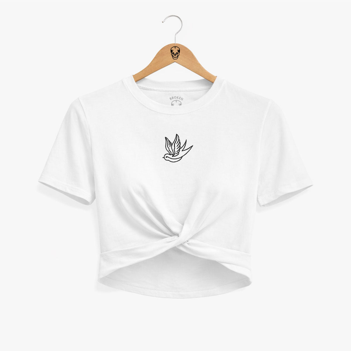Swallow Embroidered Knot Crop T-Shirt-Tattoo Clothing, Tattoo Knot Detail Crop T-Shirt, TR068-Broken Society