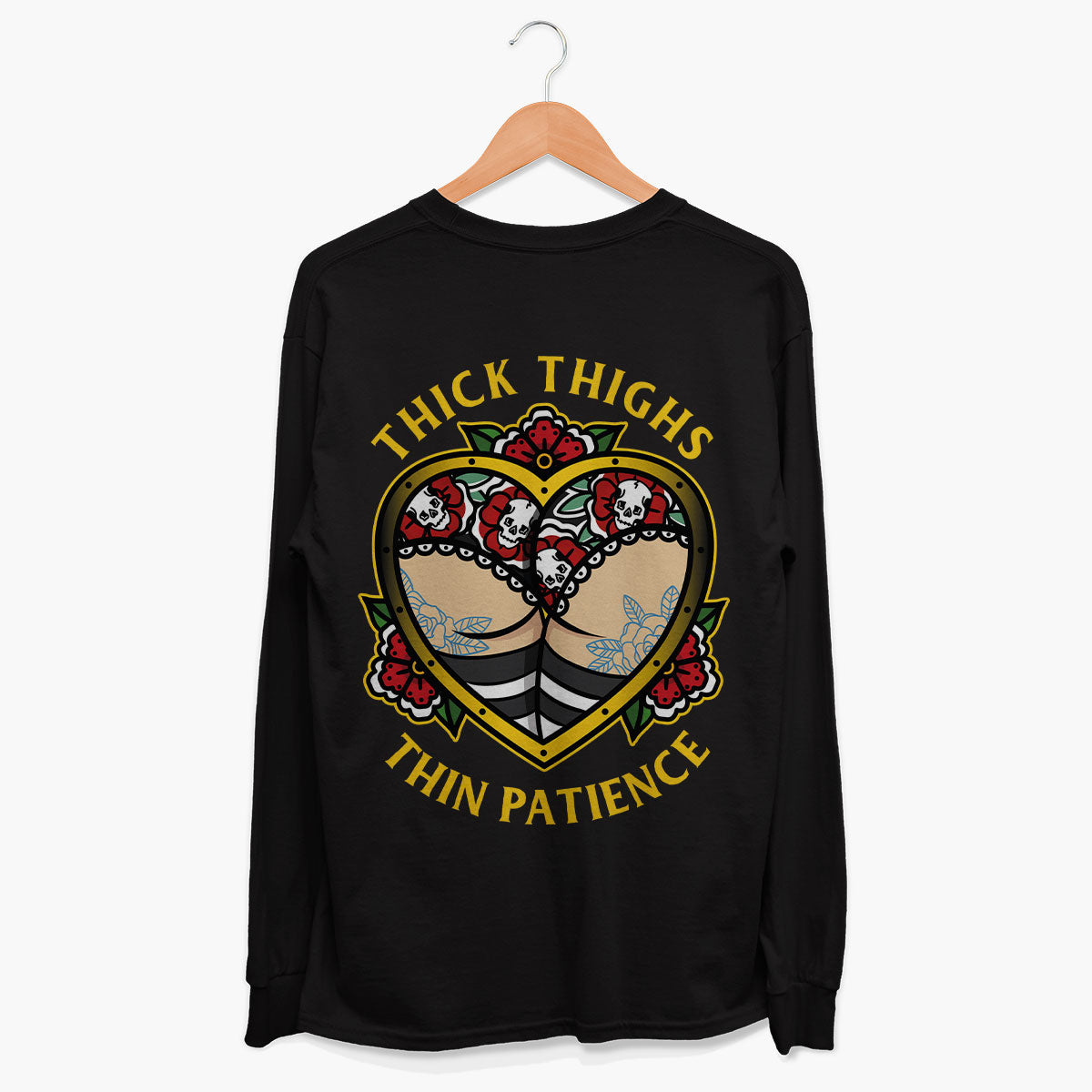 Thick Thighs Thin Patience Long Sleeve T-Shirt (Unisex)-Tattoo Clothing, Tattoo Long Sleeve T-Shirt, EP185L-Broken Society