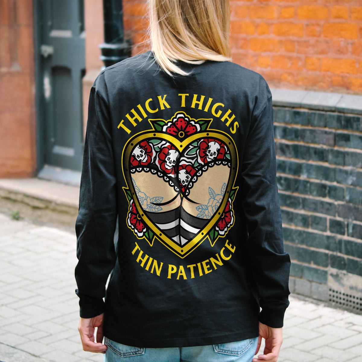 Thick Thighs Thin Patience Long Sleeve T-Shirt (Unisex)-Tattoo Clothing, Tattoo Long Sleeve T-Shirt, EP185L-Broken Society
