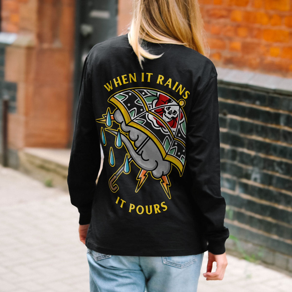 When It Rains It Pours Long Sleeve T-Shirt (Unisex)-Tattoo Clothing, Tattoo Long Sleeve T-Shirt, EP185L-Broken Society