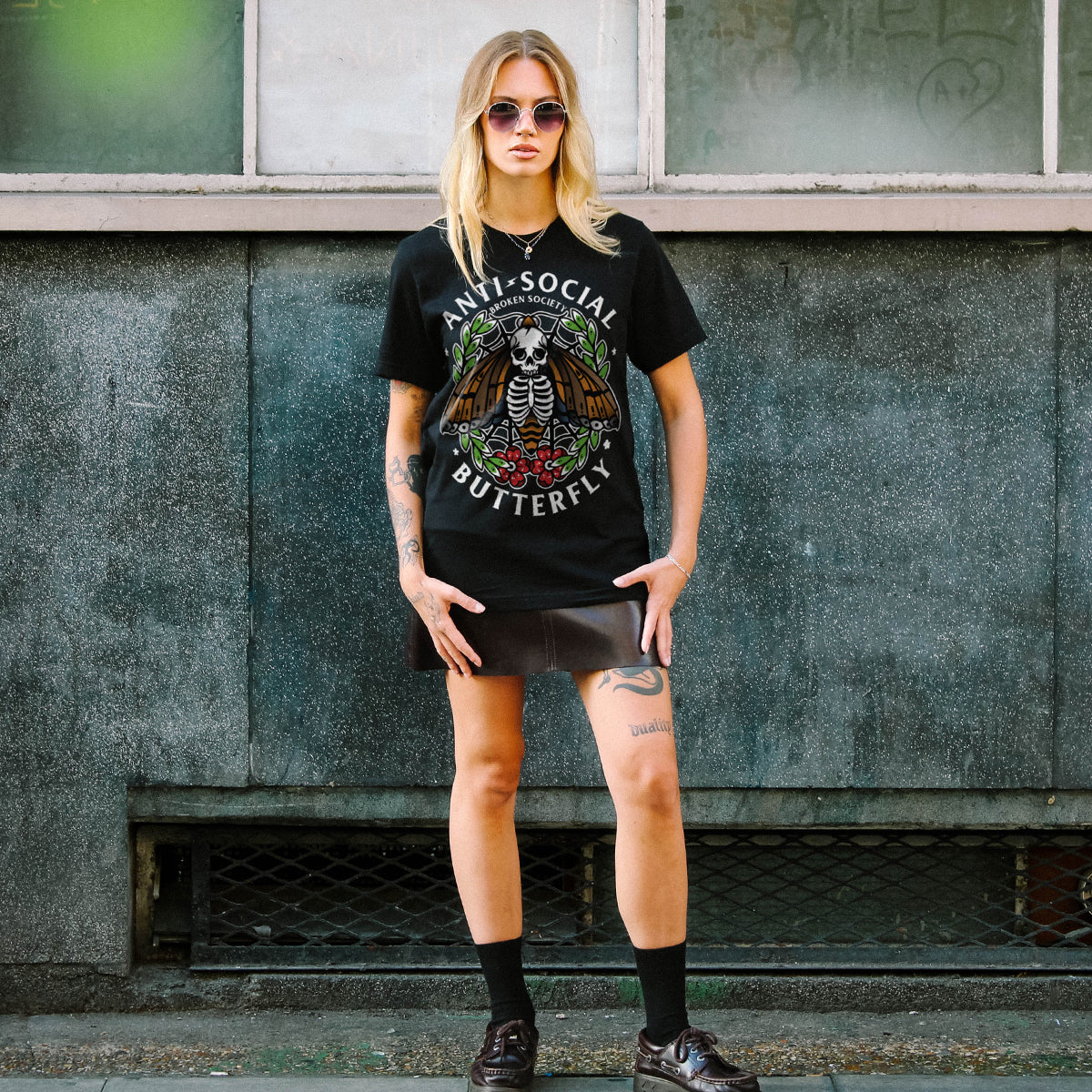 Anti-Social Butterfly Front Print T-Shirt (Unisex)-Tattoo Clothing, Tattoo T-Shirt, EP01-Broken Society