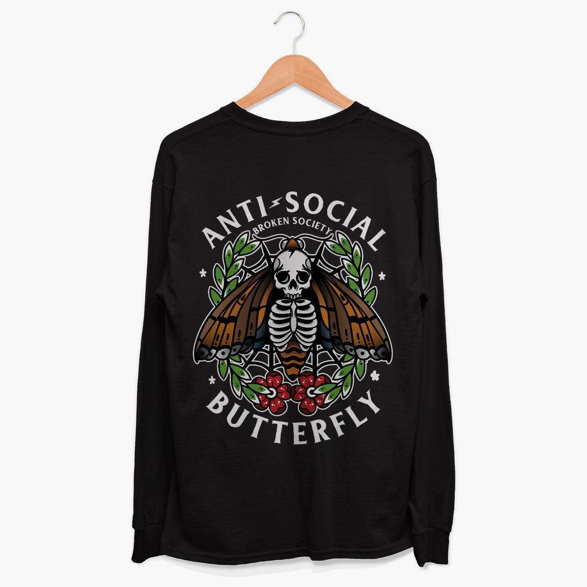 Anti-Social Butterfly Long Sleeve T-Shirt (Unisex)-Tattoo Clothing, Tattoo Long Sleeve T-Shirt, EP185L-Broken Society