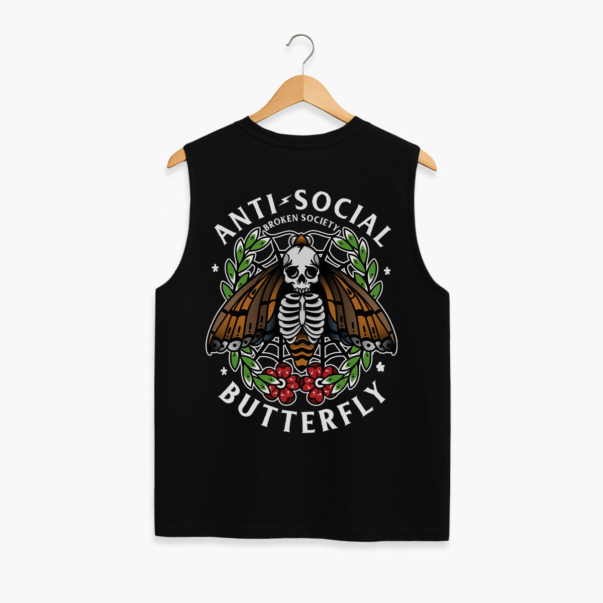 Anti-Social Butterfly Sleeveless T-Shirt (Unisex)-Tattoo Clothing, Tattoo Sleeveless T-Shirt, EP01S-Broken Society