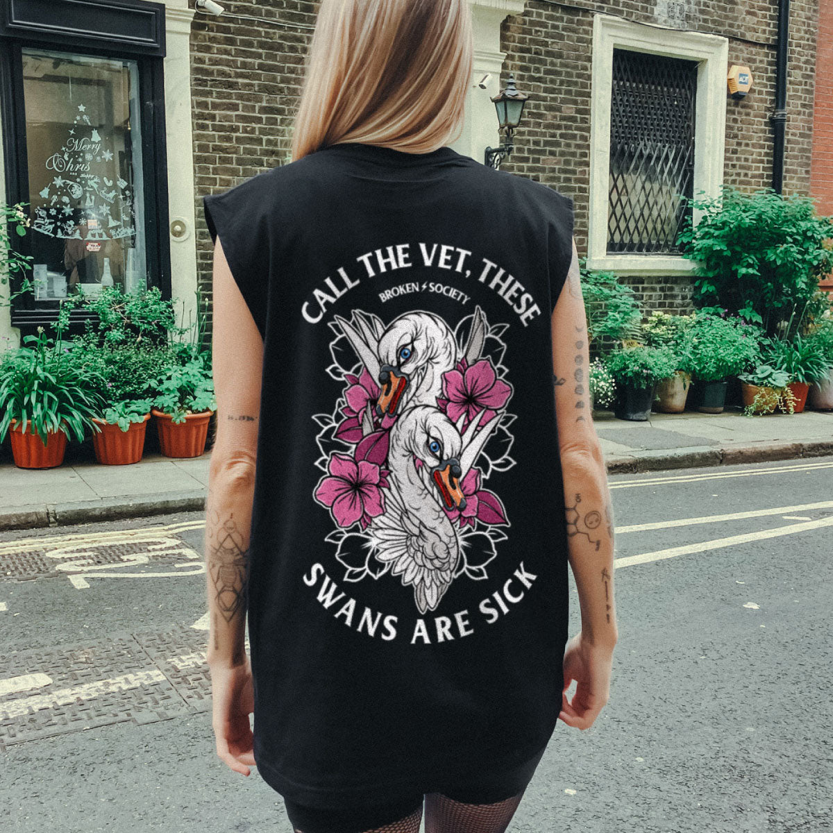 Call The Vet, These Swans Are Sick Sleeveless T-Shirt (Unisex)-Tattoo Clothing, Tattoo Sleeveless T-Shirt, EP01S-Broken Society
