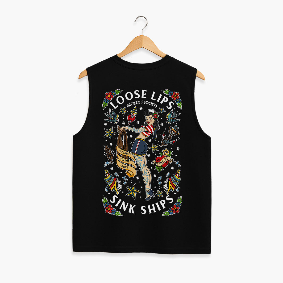 Loose Lips Sink Ships Sleeveless T-Shirt (Unisex)-Tattoo Clothing, Tattoo Sleeveless T-Shirt, EP01S-Broken Society