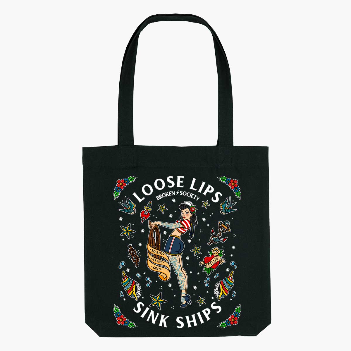 Loose Lips Sink Ships Strong-As-Hell Tote Bag-Tattoo Apparel, Tattoo Accessories, Tattoo Gift, Tattoo Tote Bag-Broken Society