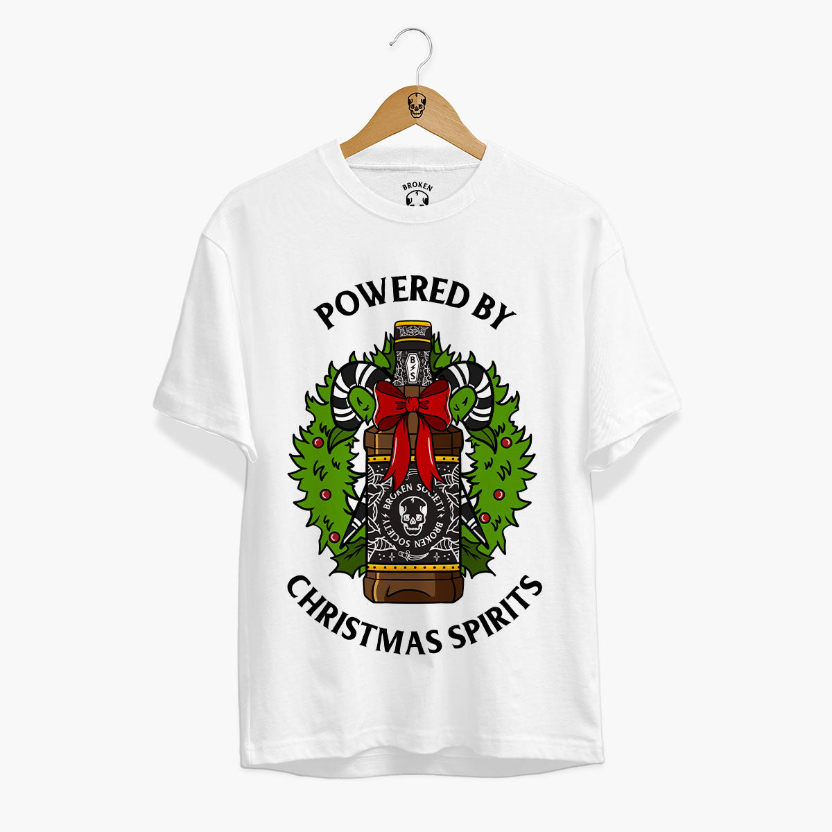 Powered By Christmas Spirits Christmas T-Shirt (Unisex)-Tattoo Clothing, Tattoo T-Shirt, EP01-Broken Society