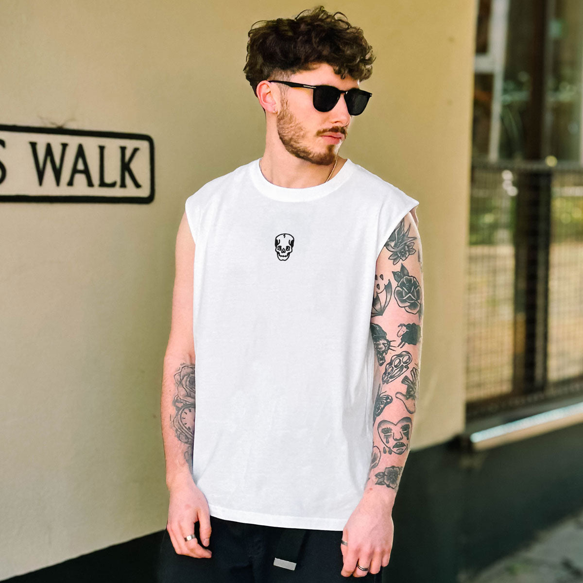 Skull Embroidered Sleeveless T-Shirt (Unisex)-Tattoo Clothing, Tattoo Sleeveless T-Shirt, EP01S-Broken Society