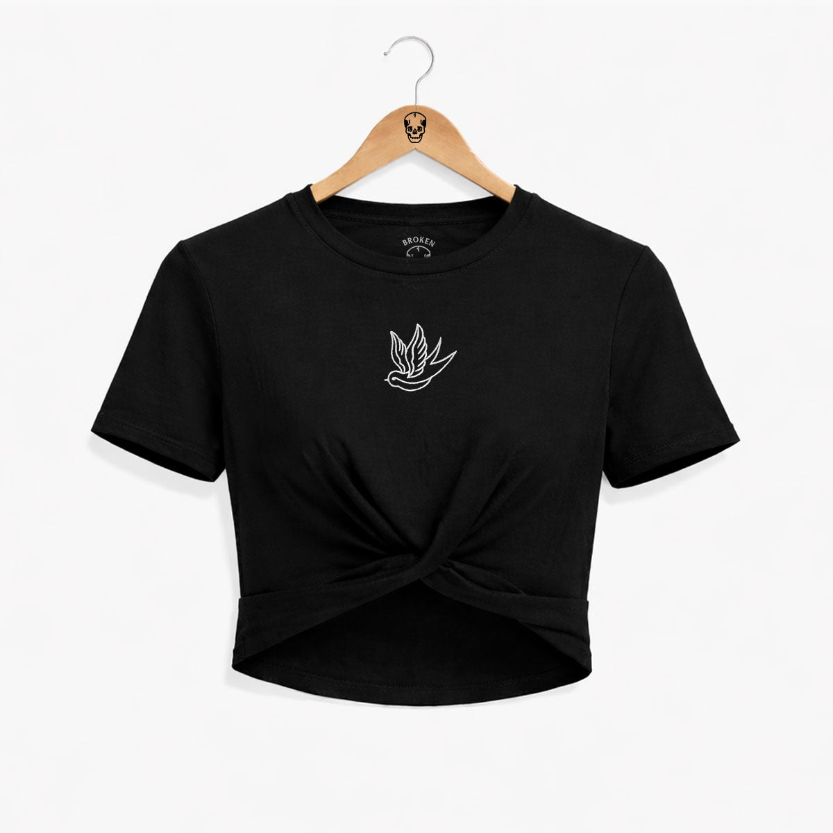 Swallow Embroidered Knot Crop T-Shirt-Tattoo Clothing, Tattoo Knot Detail Crop T-Shirt, TR068-Broken Society
