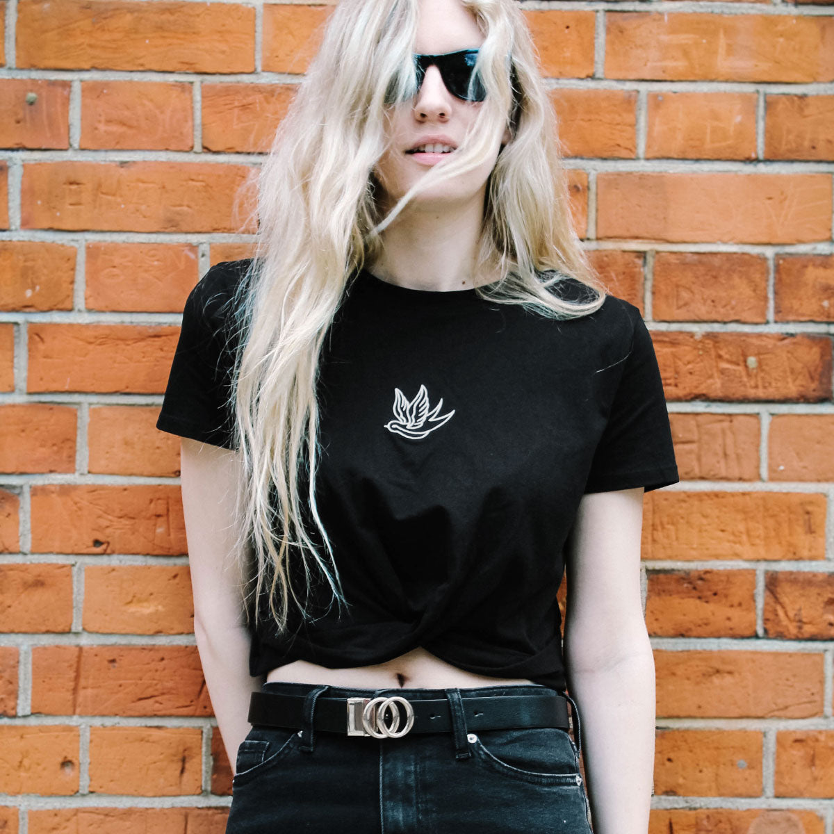 Swallow Embroidered Knot Crop T-Shirt-Tattoo Clothing, Tattoo Knot Detail Crop T-Shirt, TR068-Broken Society