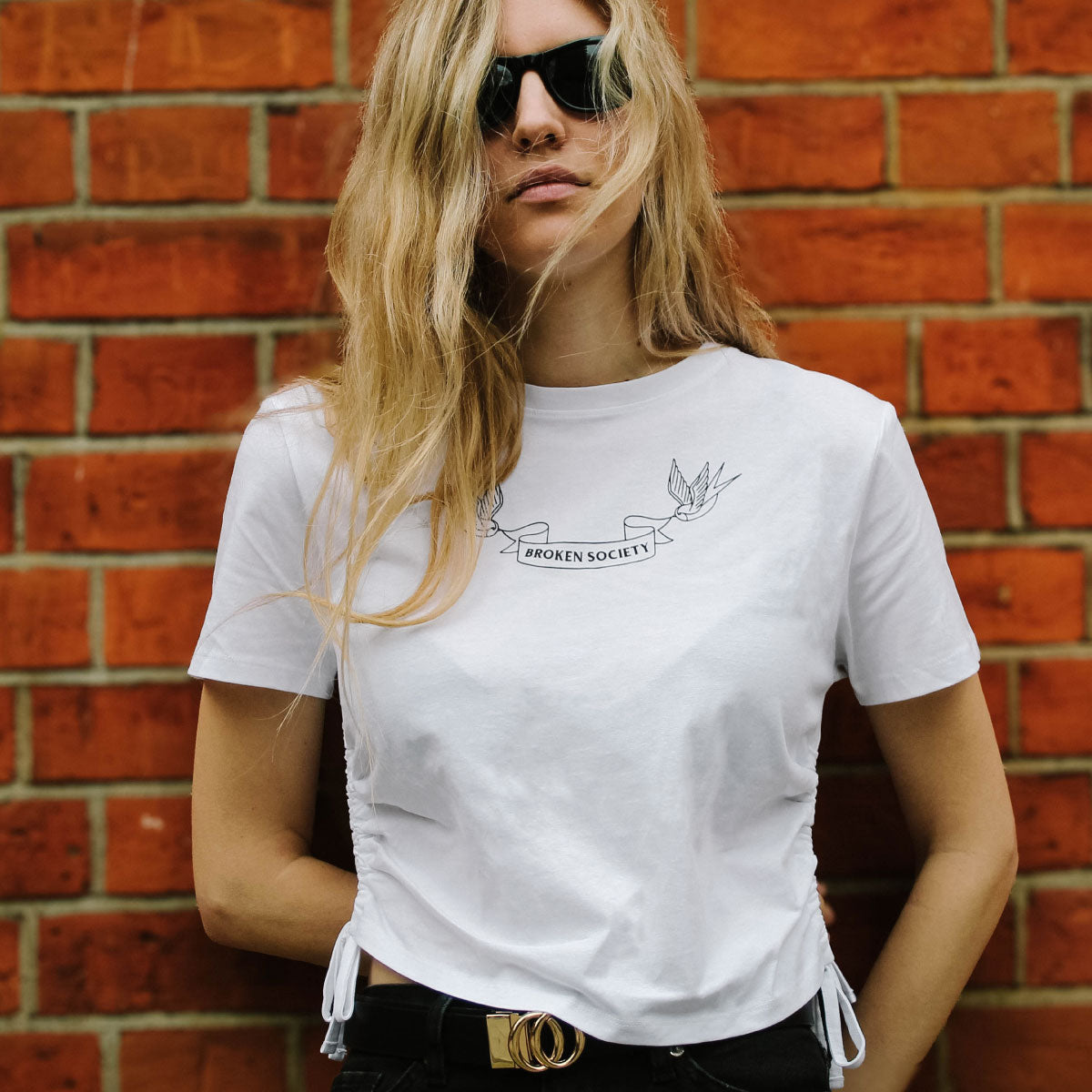 Swallows Ruched Tie Crop T-Shirt-Tattoo Clothing, Ruched Tie Detail Crop T-Shirt, TR069-Broken Society