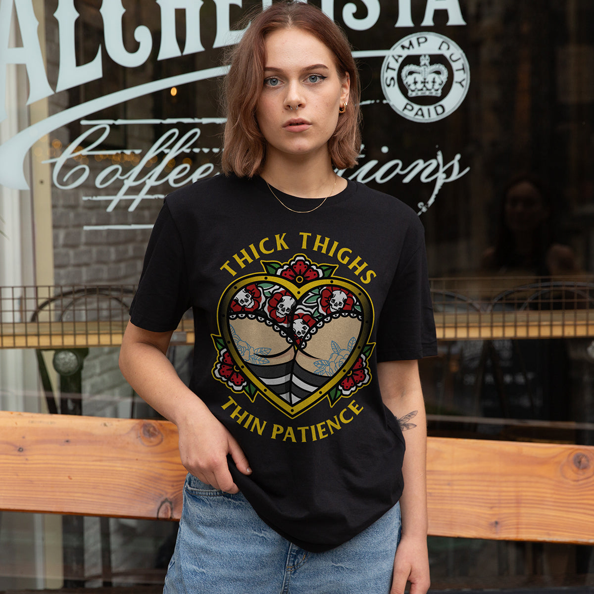Thick Thighs Thin Patience Front Print T-Shirt (Unisex)-Tattoo Clothing, Tattoo T-Shirt, EP01-Broken Society