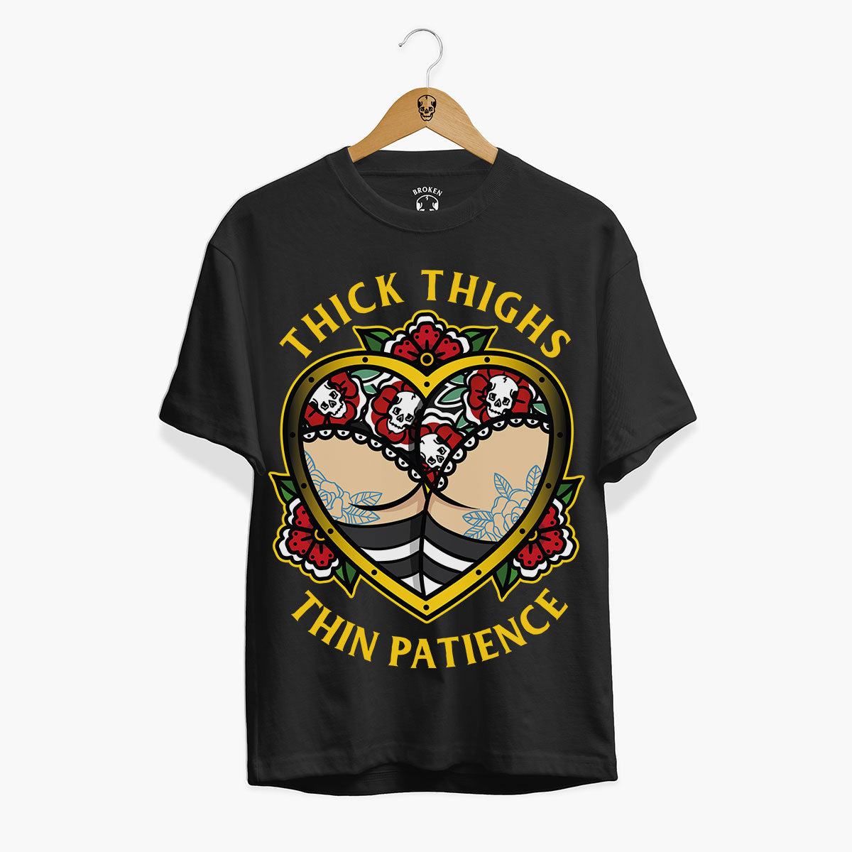 Thick Thighs Thin Patience Front Print T-Shirt (Unisex)-Tattoo Clothing, Tattoo T-Shirt, EP01-Broken Society