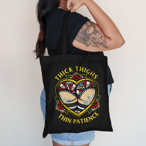 Thick Thighs Thin Patience Strong-As-Hell Tote Bag-Tattoo Apparel, Tattoo Accessories, Tattoo Gift, Tattoo Tote Bag-Broken Society