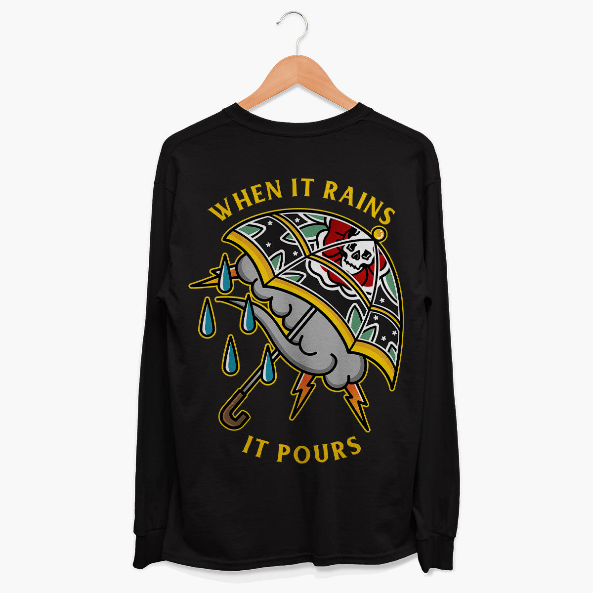 When It Rains It Pours Long Sleeve T-Shirt (Unisex)-Tattoo Clothing, Tattoo Long Sleeve T-Shirt, EP185L-Broken Society